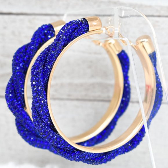 3" Braid Twist Royal Blue Rhinestone Hoop Earrings - Picture 2 of 12